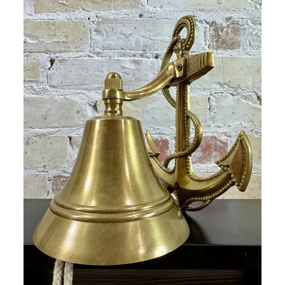 Vintage Solid Brass Ship Bell Anchor Wall Mount Nautical Maritime Rope 6.5
